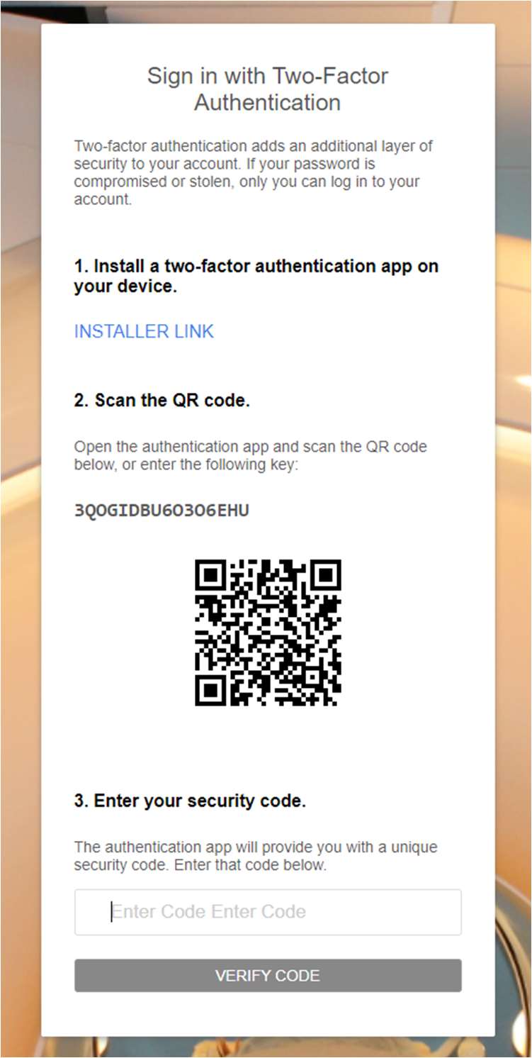 screenshot of phone showing prompt to Install the Authenticator app, Scan the QR code, and enter the resulting security code
